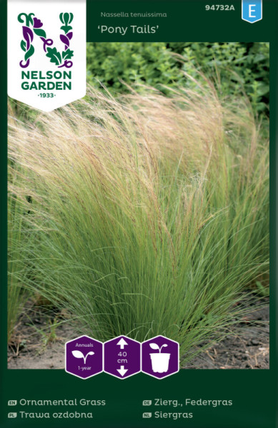Produktbild von Nelson Garden Ziergras Federgras Pony Tails mit Verpackungsdesign und Informationen zu Pflanzeneigenschaften auf Deutsch und anderen Sprachen.