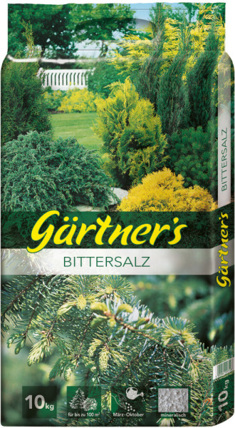 Produktbild von Gärtners Bittersalz in einer 10kg Verpackung mit grünem Design Bildern von Gartenpflanzen und Angaben zur Anwendung von März bis Oktober.