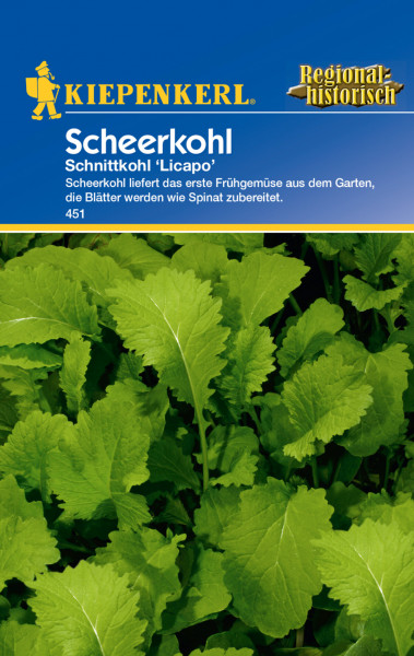 Produktbild von Kiepenkerl Scheerkohl Licapo mit Markenlogo Pflanzenabbildung und Beschreibungstext auf Deutsch.