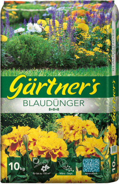 Produktbild von Gaertners Blauduenger 8-8-8 in einer 10kg Packung mit Darstellung blühender Pflanzen und Angaben zur Dosierung und Anwendungszeitraum.