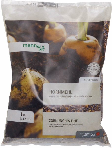 Produktbild von MANNA Bio Hornmehl in einer 1kg Packung als natürlicher Stickstoffdünger.
