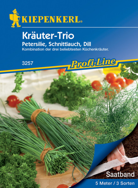 Produktbild von Kiepenkerl Kraeuter-Trio Petersilie Schnittlauch Dill Saatband mit Darstellung von frischen Kuechenkraeutern, der Verpackung und einer Hand, die ein Saatband zeigt.