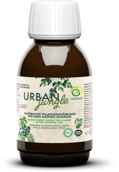 Produktbild von Multikraft Urban Jungle Konzentrat in einer 100ml Flasche mit Bio- und CO2-neutral Siegel sowie Informationen zur natürlichen Pflanzenstärkung.