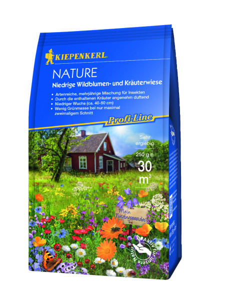 Produktbild von Kiepenkerl Nature niedrige Wildblumen- und Kräuterwiese Verpackung mit bunten Blumen- und Wiesenmotiven und Informationen zur Aussaat und Ergiebigkeit in deutscher Sprache.