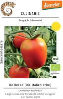 Produktbild von Culinaris BIO Saucen Tomate De Berao mit demeter und BIO Siegel reifes Saatgut auf der Pflanze und Produktinformationen in deutscher Sprache.