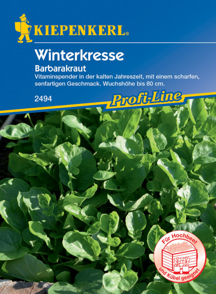 Produktbild von Kiepenkerl Winterkresse Barbarakraut Saatgutverpackung mit Pflanzenabbildung und Informationen zu Vitaminspende und Wuchshöhe auf Deutsch.