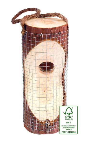 Produktbild einer Gardigo Futtersäule FSC aus Holz mit Drahtgitter und Aufhängeseil auf weißem Hintergrund.
