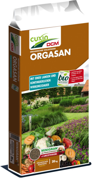 Produktbild des Cuxin DCM Orgasan Organischer Volldünger Minigran in einer 20kg Packung mit Bildern eines Gartens und verschiedenen Gemüsesorten zur Darstellung der Anwendungsbereiche.