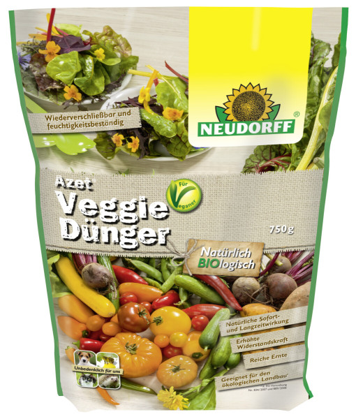 Produktbild von Neudorff Azet VeggieDünger 750g Packung mit Abbildungen von Gemüse und Salat, Informationen zu biologischen Inhaltsstoffen und veganem Siegel.