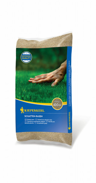 Produktbild von Kiepenkerl Schatten-Rasen Rasensamen in einer 10 kg Packung mit Angaben zur Rasenfläche und Markenlogo