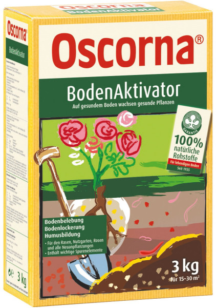 Produktbild des Oscorna-BodenAktivator in der 3kg-Packung mit Hinweisen zur Bodenbelebung und Bodenlockerung sowie Verwendungsempfehlungen für Rasen, Nutzgarten und Rosen.