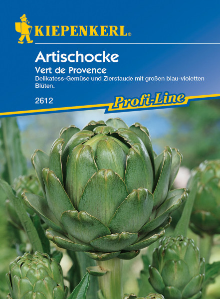 Produktbild von Kiepenkerl Artischocke Vert de Provence Samenpackung mit Abbildung einer Artischocke und Informationen zur Pflanze.