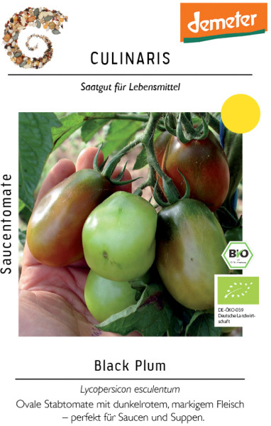 Produktbild von Culinaris BIO Saucentomate Black Plum mit reifen grün-roten Tomaten an der Pflanze, Demeter-Logo, Bio-Siegel und Produktbeschreibung in deutscher Sprache.
