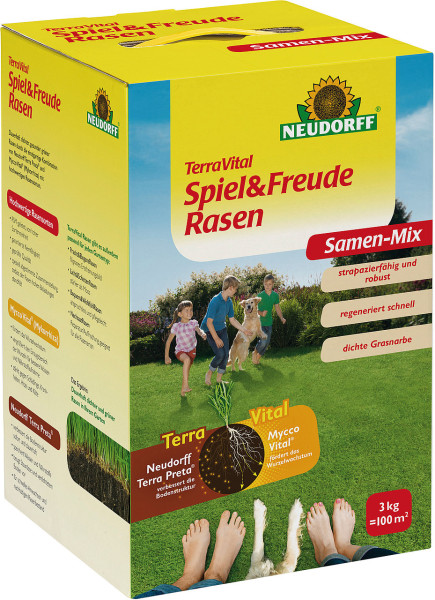 Produktbild von Neudorff TerraVital Spiel und FreudeRasen 3kg Verpackung mit Produktinformationen und Darstellung einer Familie und einem Hund auf einer grünen Rasenfläche.