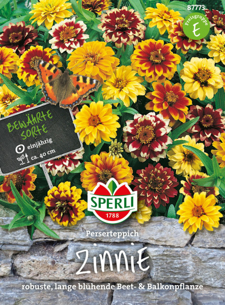 Produktbild von Sperli Zinnie Perserteppich mit Blumen in verschiedenen Rottönen auf einer Steinkante und Schmetterling darauf sowie Produktbeschreibung als robuste langblühende Beet- und Balkonpflanze.
