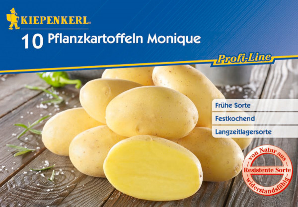 Produktbild von Kiepenkerl Pflanzkartoffel Monique mit 10 Kartoffeln und Eigenschaften wie fruhe Sorte festkochend und Langzeitlagersorte auf Holzuntergrund