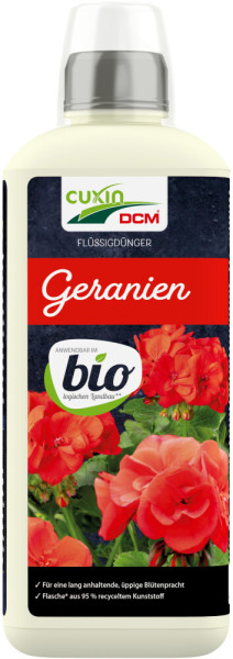 Produktbild von Cuxin DCM Flüssigdünger für Geranien BIO in einem 0, 8, l Behälter mit roten Geranien auf dem Etikett und Hinweisen auf biologischen Landbau und recycelten Kunststoff.