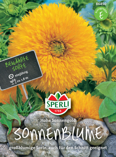 Produktbild von Sperli Sonnenblume Hohe Sonnengold mit einer großen gelben Sonnenblume, Steinen, Pflanzenschild und dem Sperli Logo.