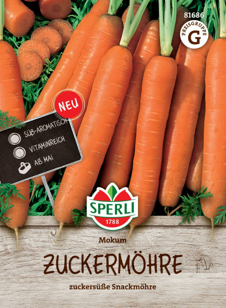 Produktbild von Sperli Möhre Mokum F1 mit Abbildung von orangenen Möhren, Markenlogo, Preisschild und Hinweisen zur Süße und Vitaminreiche Qualität sowie Verfügbarkeit ab Mai.