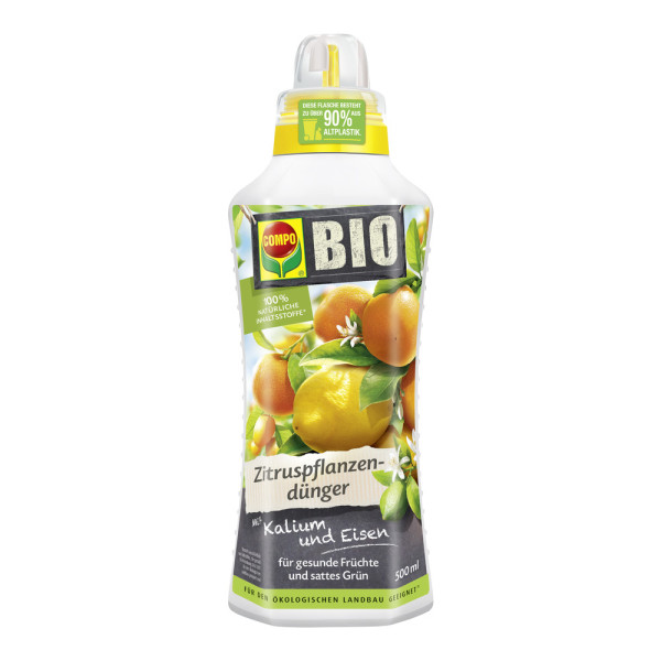 Produktbild von COMPO BIO Zitruspflanzenduenger in einer 500ml Flasche mit Angaben zu 100 Prozent natuerlichen Inhaltsstoffen und Geeignetheit fuer den oekologischen Landbau.