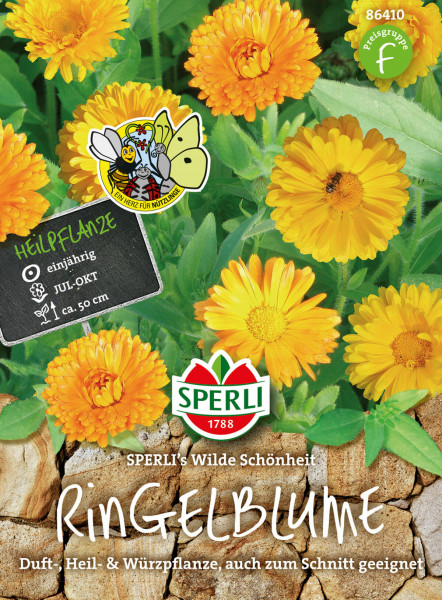 Produktbild von Sperli Ringelblume SPERLIs Wilde Schönheit mit Blüten in verschiedenen Gelbnuancen, Informationen zur Pflanze und dem SPERLI-Logo.