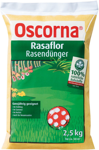 Produktbild von Oscorna-Rasaflor Rasendünger 2, 5, kg Verpackung mit Hinweisen zur ganzjährigen Verwendung und 100 Prozent natürlichen Rohstoffen auf Deutsch