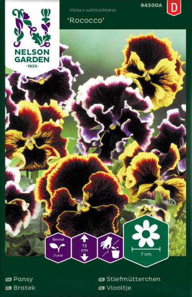 Produktbild von Nelson Garden Stiefmütterchen Rococco mit Darstellung verschiedenfarbiger Blüten und Pflegehinweisen auf Deutsch.