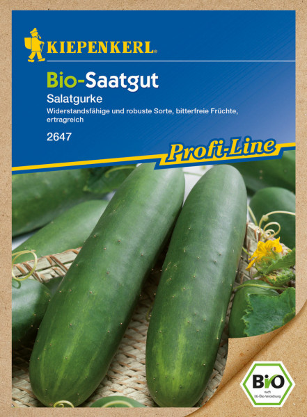 Produktbild von Kiepenkerl BIO Salatgurke Saatgutverpackung mit der Darstellung von Gurken die Kennzeichnung als biologisches Saatgut und Produktinformationen in deutscher Sprache.