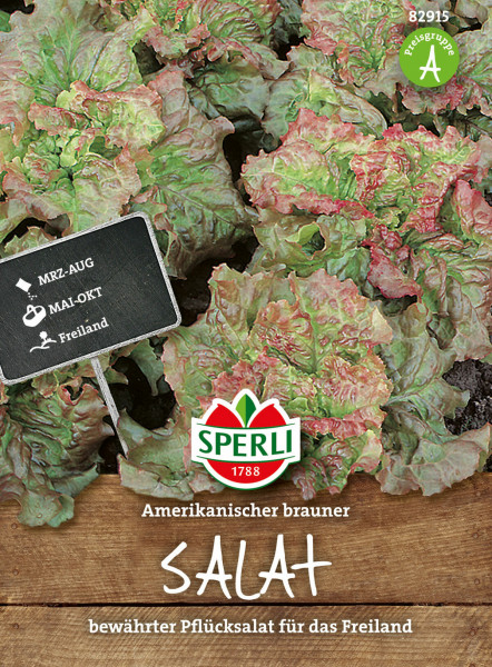 Produktbild von Sperli Salat Amerikanischer brauner mit Hinweisen zu Aussaatzeitraum und Hinweis auf Freilandkultivierung sowie Preisgruppe A.