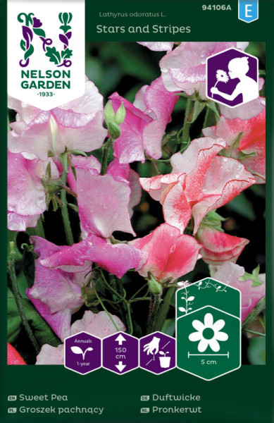 Produktbild von Nelson Garden Duftwicke Stars and Stripes mit Pflanzenbild und Informationen zu Wuchshöhe und Blütenstand auf der Verpackung.