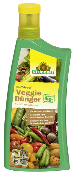Produktbild von Neudorff BioTrissol VeggieDünger in einer 1 Liter Flasche mit Angaben zur Verwendung für Gemüse und Hinweisen zur biologischen Landwirtschaft.
