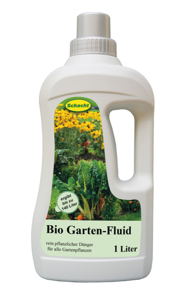 Produktbild des Schacht Bio-Garten-Fluid in einer 1-Liter-Flasche mit Aufschrift rein pflanzlicher Duenger fuer alle Gartenpflanzen und Hinweis auf eine Ergiebigkeit von bis zu 140 Litern.