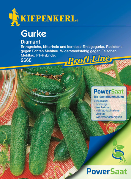 Produktbild von Kiepenkerl Gurke Diamant PowerSaat mit Bildern von Gurken und Saatgut, Informationen zur Sorte und Vorteilen des Saatguts auf Deutsch.