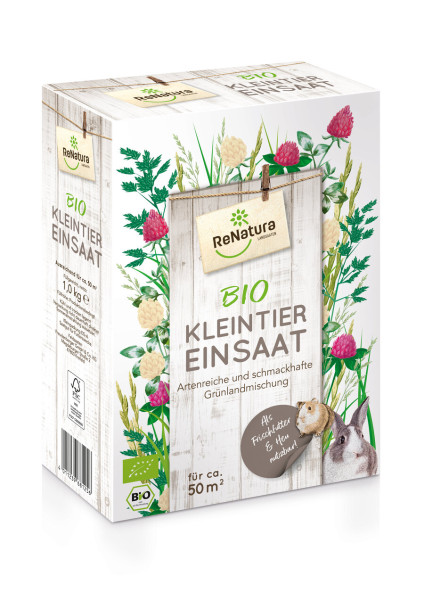 Produktbild von ReNatura Kleintiersaat Bio 1kg Verpackung mit Pflanzenbildern und Tieren Informationen zu artenreicher und schmackhafter Grünländmischung auf Deutsch.