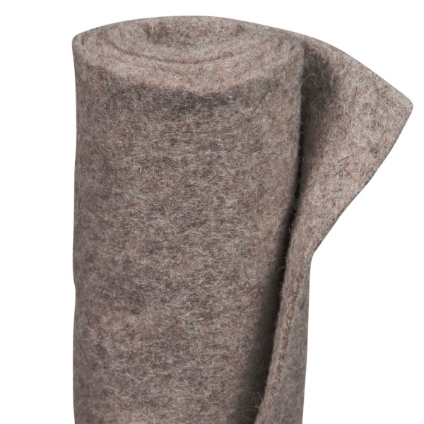 Produktbild einer zusammengerollten Videx Schafwollmatte in der Farbe Stein mit den Maßen 50x0, 4, x150 cm.