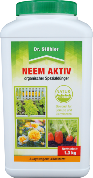 Produktbild von Dr. Stähler Neem Aktiv organischer Spezialdünger in einer weißen Verpackung mit grünem Deckel und Informationen zur Eignung für Gemüse und Zierpflanzen sowie Angabe des Inhalts von 1, 3, kg.