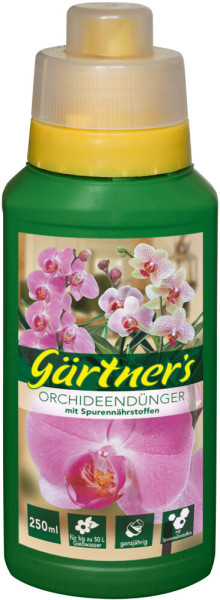 Produktbild von Gärtners Orchideendünger mit Spurenelementen in einer 250ml Flasche mit Dosierer und Etikett mit Orchideenbildern und Produktinformationen.