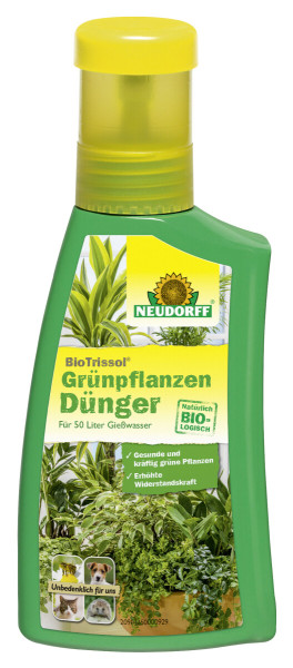 Produktbild von Neudorff BioTrissol GrünpflanzenDünger Flasche mit 250ml Inhalt zur Förderung gesunder und kräftiger grüner Pflanzen und Erhöhung der Widerstandskraft, gekennzeichnet als biologisch und unbedenklich für Haustiere.