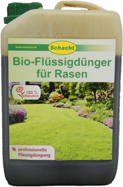 Produktbild eines Schacht Bio-Flüssigdüngers für Rasen in einem 2, 5, Liter Kanister mit Markenlogo, Produktbezeichnung und einem Bild eines gepflegten Gartens auf dem Etikett.