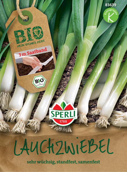 Produktbild von Sperli BIO Lauchzwiebel Saatband mit Lauchzwiebeln im Hintergrund und Informationen zu Bio-Qualität und 3m Saatband auf einem Etikett