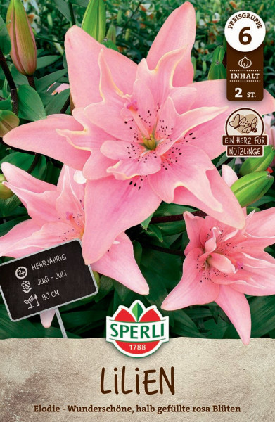 Produktbild von Sperli Lilien Elodie mit Darstellung halb gefüllter rosa Blüten und Informationen zu Pflanzenmerkmalen sowie Markenlogo.