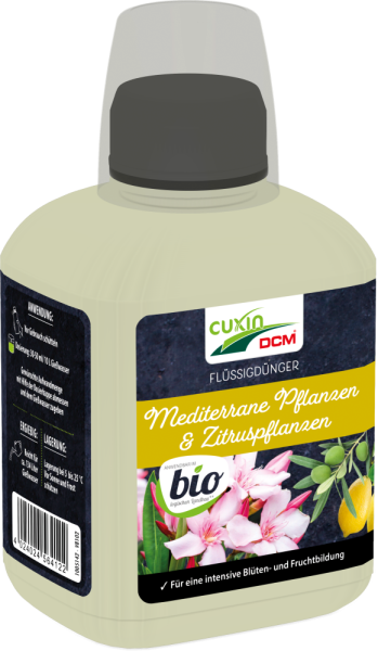 Produktbild von Cuxin DCM Flüssigdünger für mediterrane Pflanzen und Zitruspflanzen in Bio-Qualität, 0, 4, Liter, mit Abbildung von Blumen und Früchten sowie Produktinformationen und Barcode auf der Etikettierung.