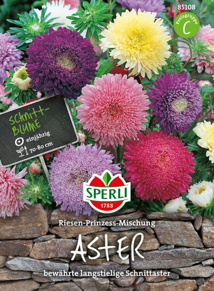Produktbild von Sperli Aster Riesen-Prinzess-Mischung mit bunten Asterblüten hinter einer beschrifteten Tafel und Verpackungsdetails.