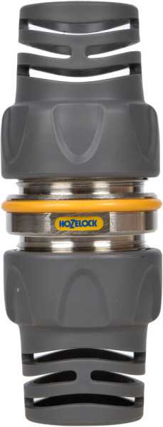 Produktbild eines Hozelock Schlauchreparaturstück Pro für 15 und 19 mm Schläuche in Grau und Schwarz mit gelben und silbernen Details