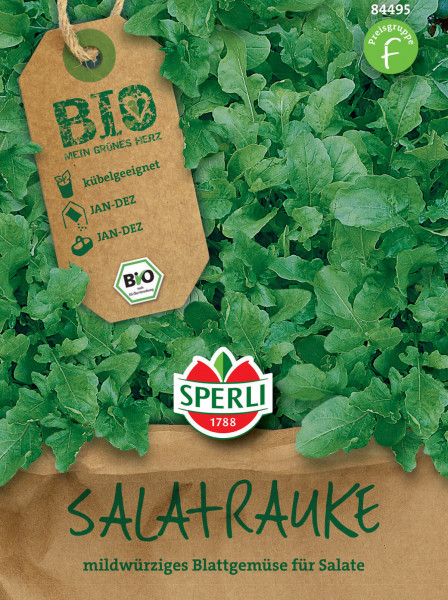Produktbild von Sperli BIO Salatrauke mit Verpackungsaufdruck Details zur Aussaat mildwürziges Blattgemüse und Logo des Herstellers.