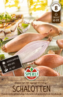 Produktbild von Sperli Französische Schalotte Longor Verpackung mit Abbildung der Schalotten und Angaben zu Aussaatzeitraum sowie Inhalt mit 10 Stück. Produktbild von Sperli Französische Schalotte Longor Verpackung mit Abbildung der Schalotten und Angaben zu Aussaatzeitraum sowie Inhalt mit 10 Stück.