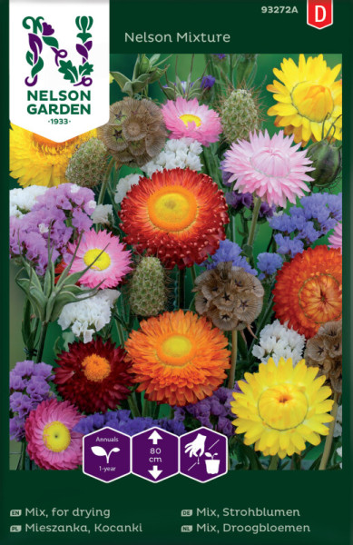 Produktbild von Nelson Garden Strohblumen Mix mit bunten Blumen und Verpackungsinformationen auf Deutsch.