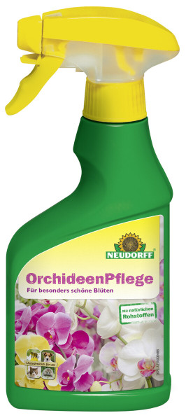 Produktbild von Neudorff OrchideenPflege 250ml in einer Sprühflasche mit Markenlogo und dem Hinweis auf natürliche Rohstoffe sowie dem Slogan Für besonders schöne Blüten.