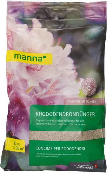 Produktbild von MANNA Rhododendrondünger 2kg Verpackung mit Bildern von Rhododendronblüten und Produktinformationen auf Deutsch und Italienisch.
