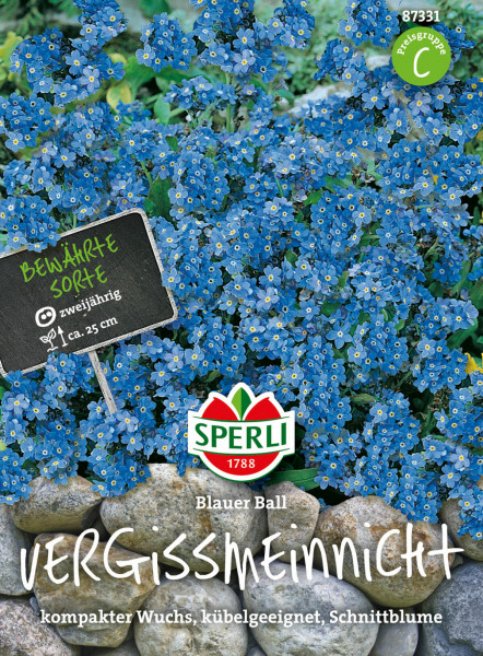 Produktbild von Sperli Vergissmeinnicht Blauer Ball mit blühenden Pflanzen und einer Verpackung die Informationen zu Pflanzeneigenschaften und Markenlogo zeigt